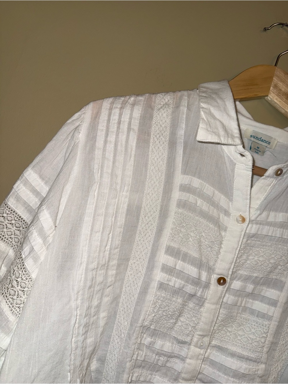 Sundance White Puff 3/4 Sleeves Button Up Top M Eyelet Summer Flowy Cotton Sheer - Picture 3 of 9